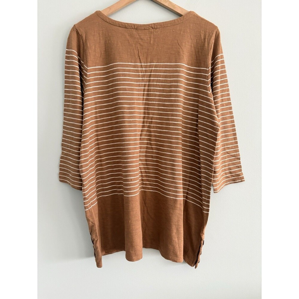 J Jill Top Womens Large Brown White Striped Boat Neck 3/4 Sleeve Tunic Casual - Picture 5 of 6